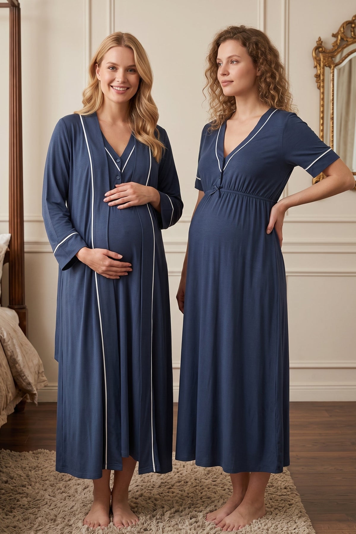 Piped V-Neck Maternity Feeding-Friendly Nightgown & Robe Set Indigo - T5095