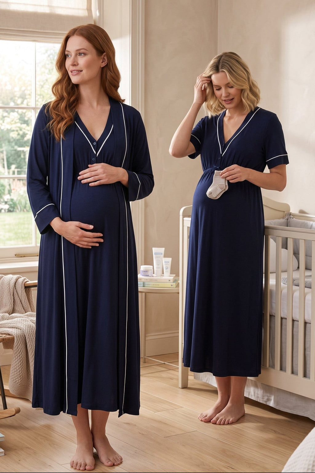 Piped V-Neck Maternity Feeding-Friendly Nightgown & Robe Set Navy Blue - T5095