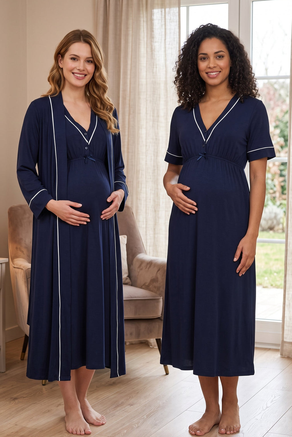 Piped V-Neck Maternity Feeding-Friendly Nightgown & Robe Set Navy Blue - T5095
