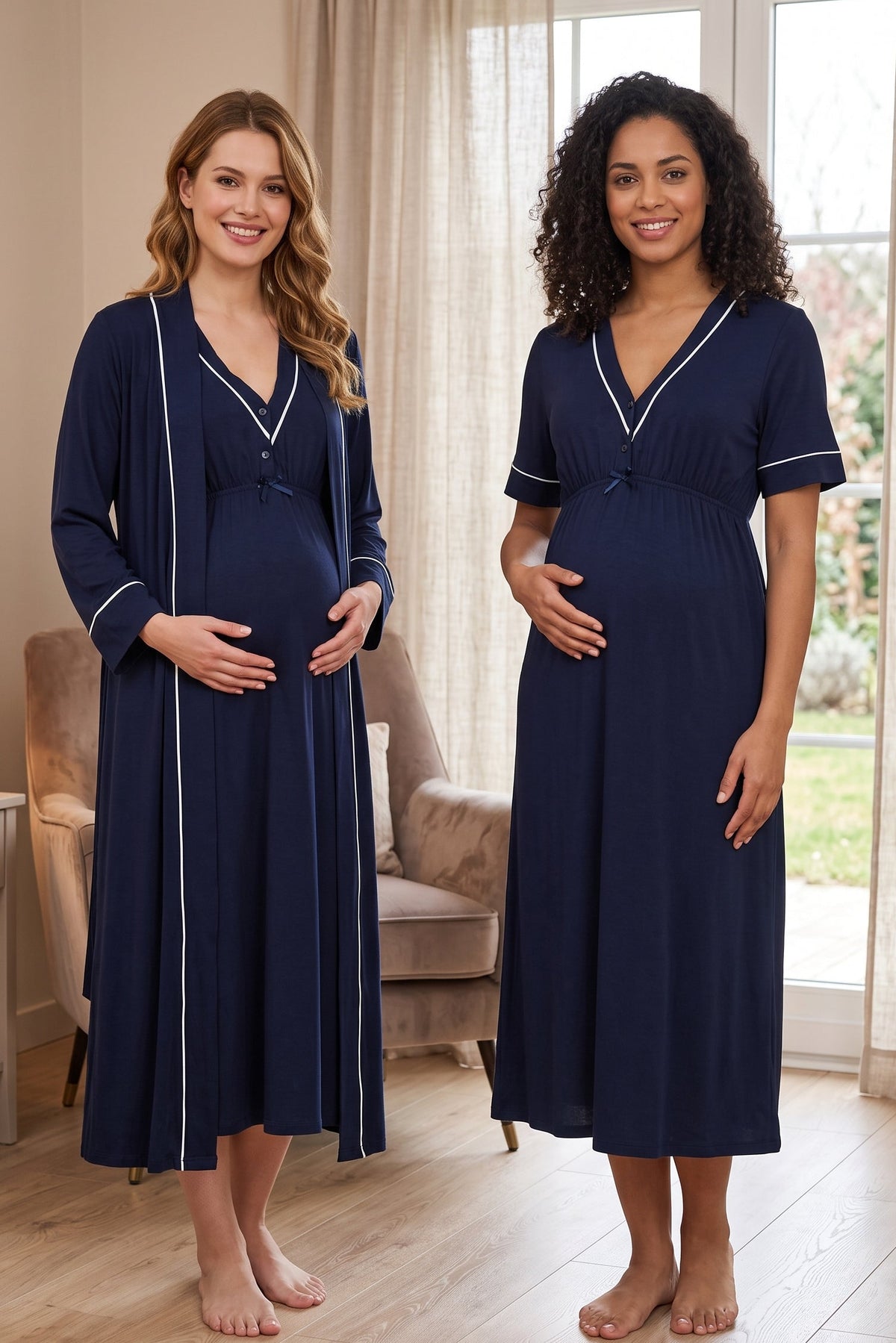 Piped V-Neck Maternity Feeding-Friendly Nightgown & Robe Set Navy Blue - T5095