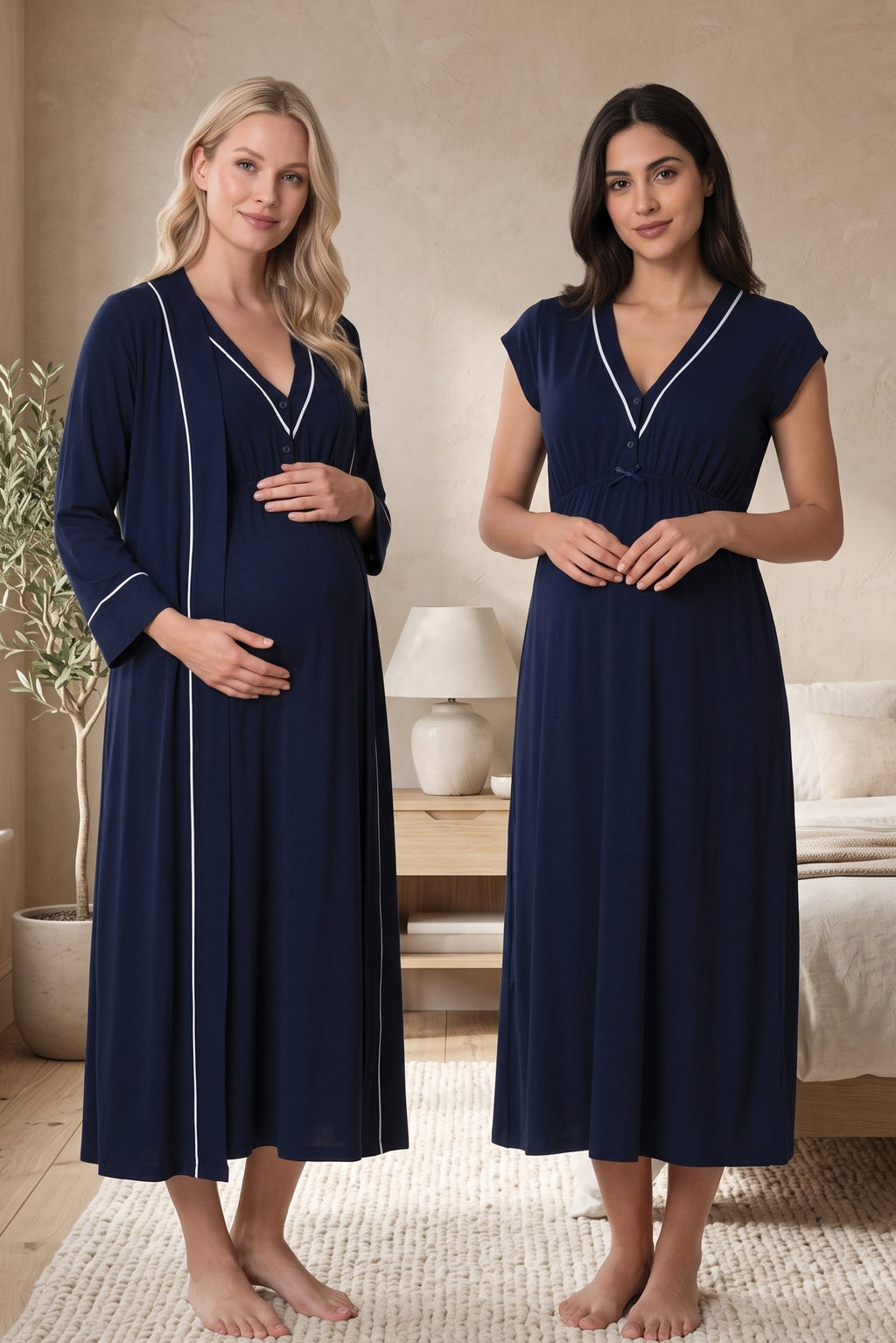 Piped V-Neck Maternity Feeding-Friendly Nightgown & Robe Set Navy Blue - T5095