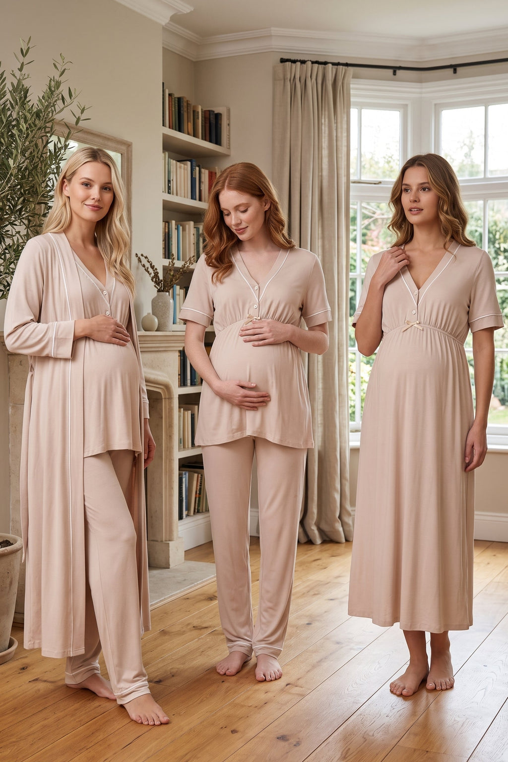 Piped V-Neck 4-Piece Maternity Feeding-Friendly Set Beige - T5096