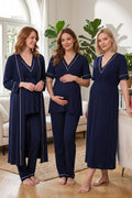 Piped V-Neck 4-Piece Maternity Feeding-Friendly Set Navy Blue - T5096