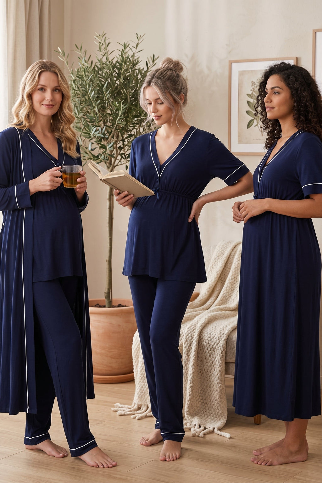 Piped V-Neck 4-Piece Maternity Feeding-Friendly Set Navy Blue - T5096