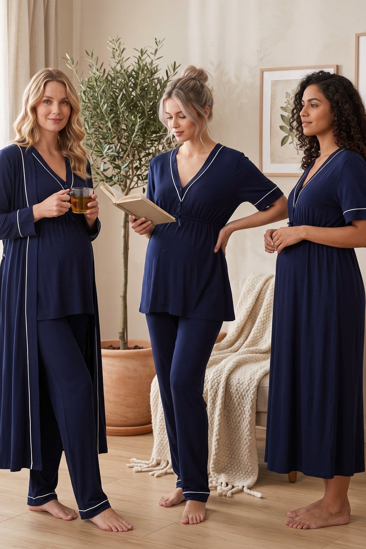 Piped V-Neck 4-Piece Maternity Feeding-Friendly Set Navy Blue - T5096