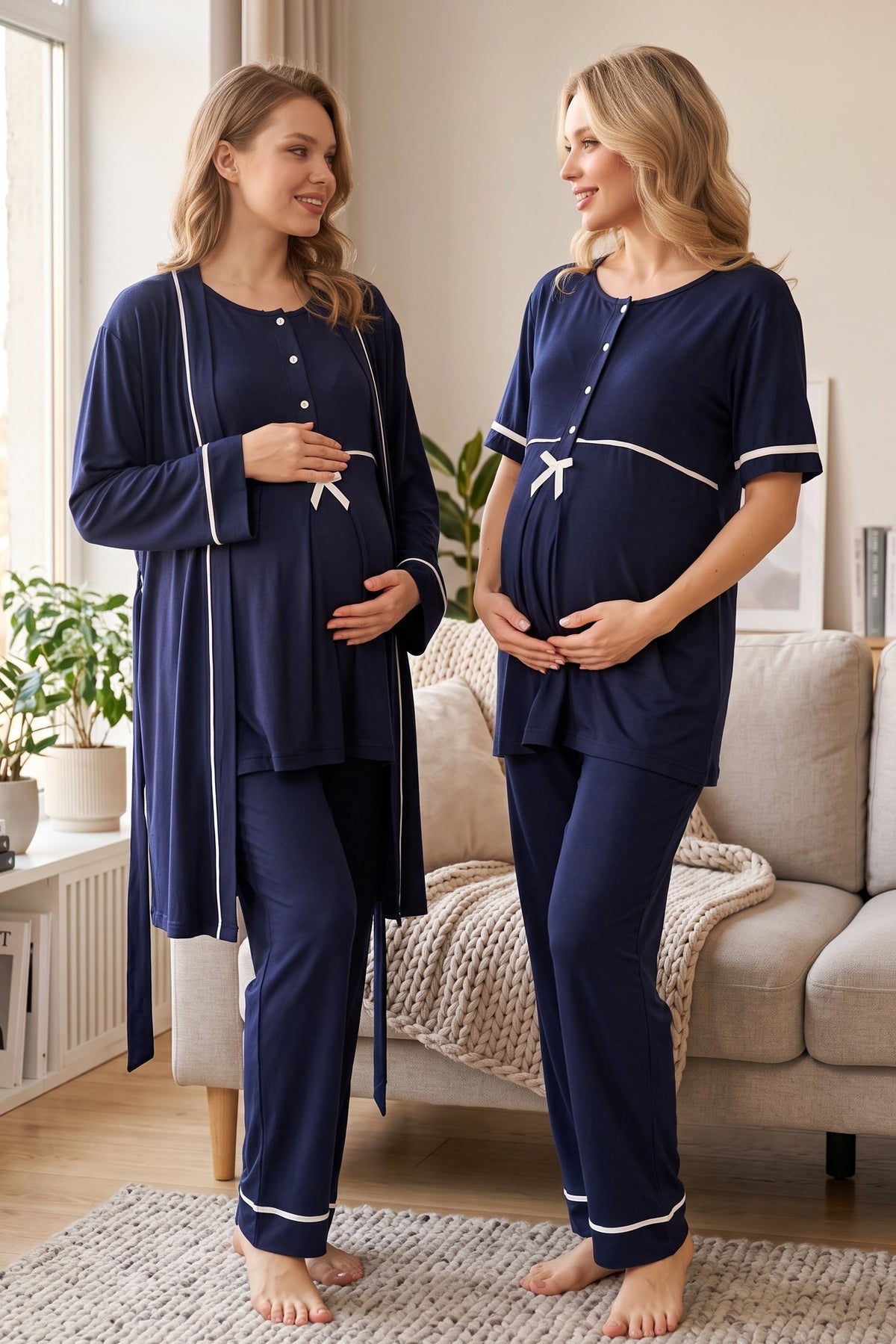 Bias 3-Piece Maternity Feeding-Friendly Pajama & Robe Set Navy Blue - L509