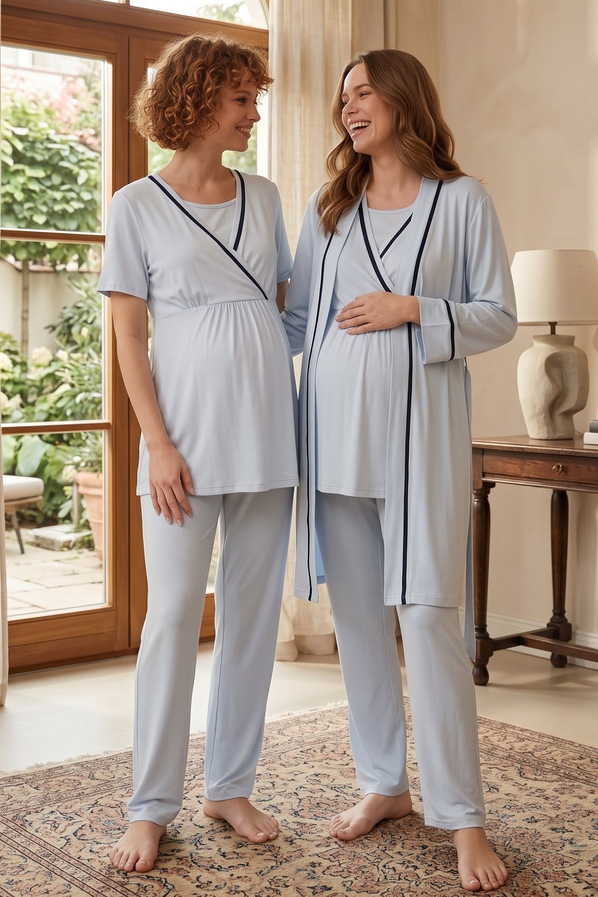 Striped Double Breasted 3-Piece Maternity Feeding-Friendly Pajama & Robe Set Blue - L515