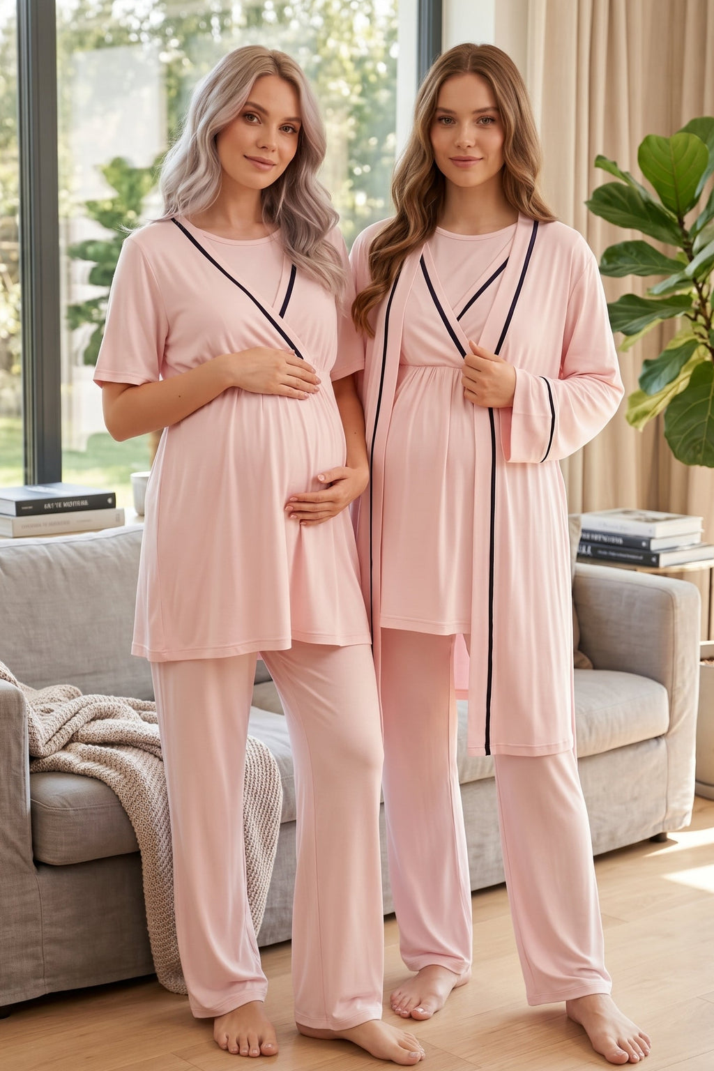 Striped Double Breasted 3-Piece Maternity Feeding-Friendly Pajama & Robe Set Pink - L517