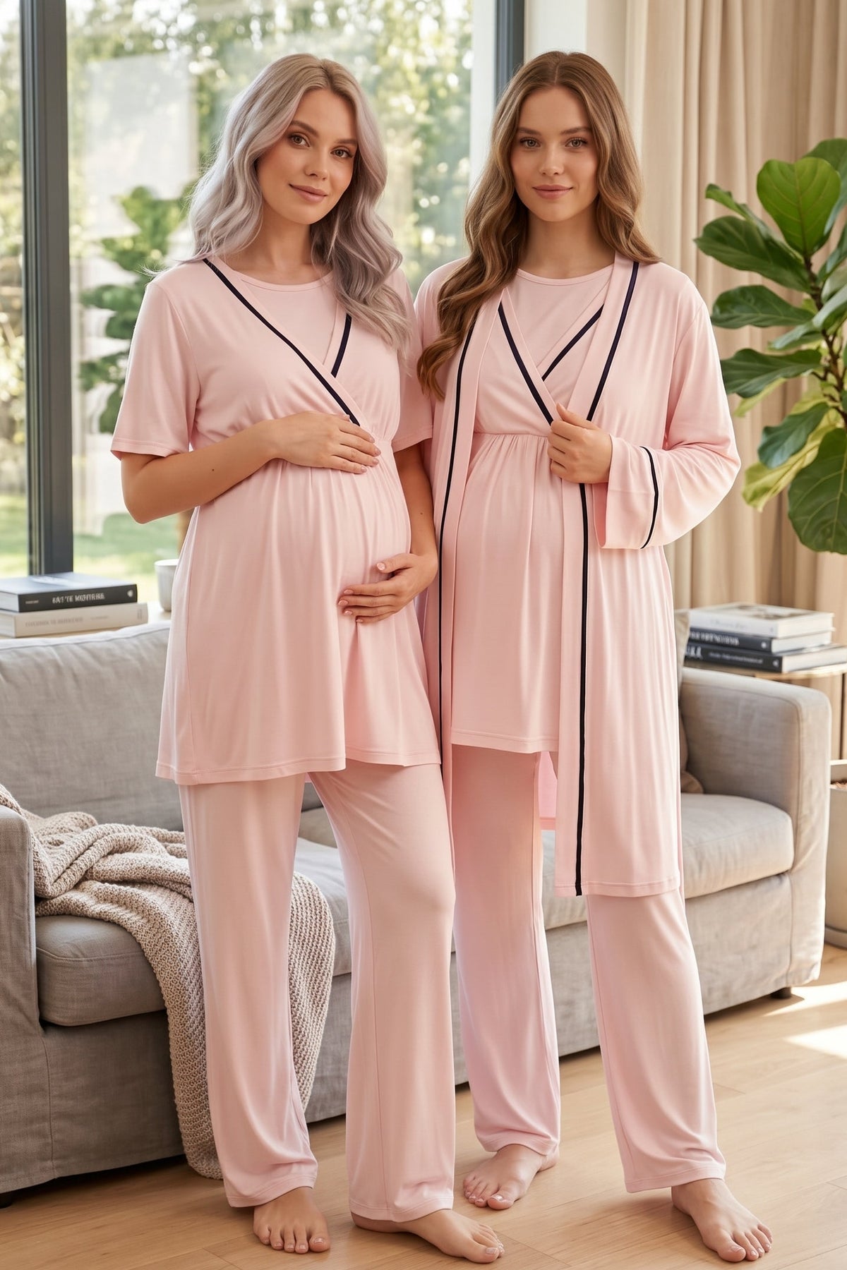 Striped Double Breasted 3-Piece Maternity Feeding-Friendly Pajama & Robe Set Pink - L517
