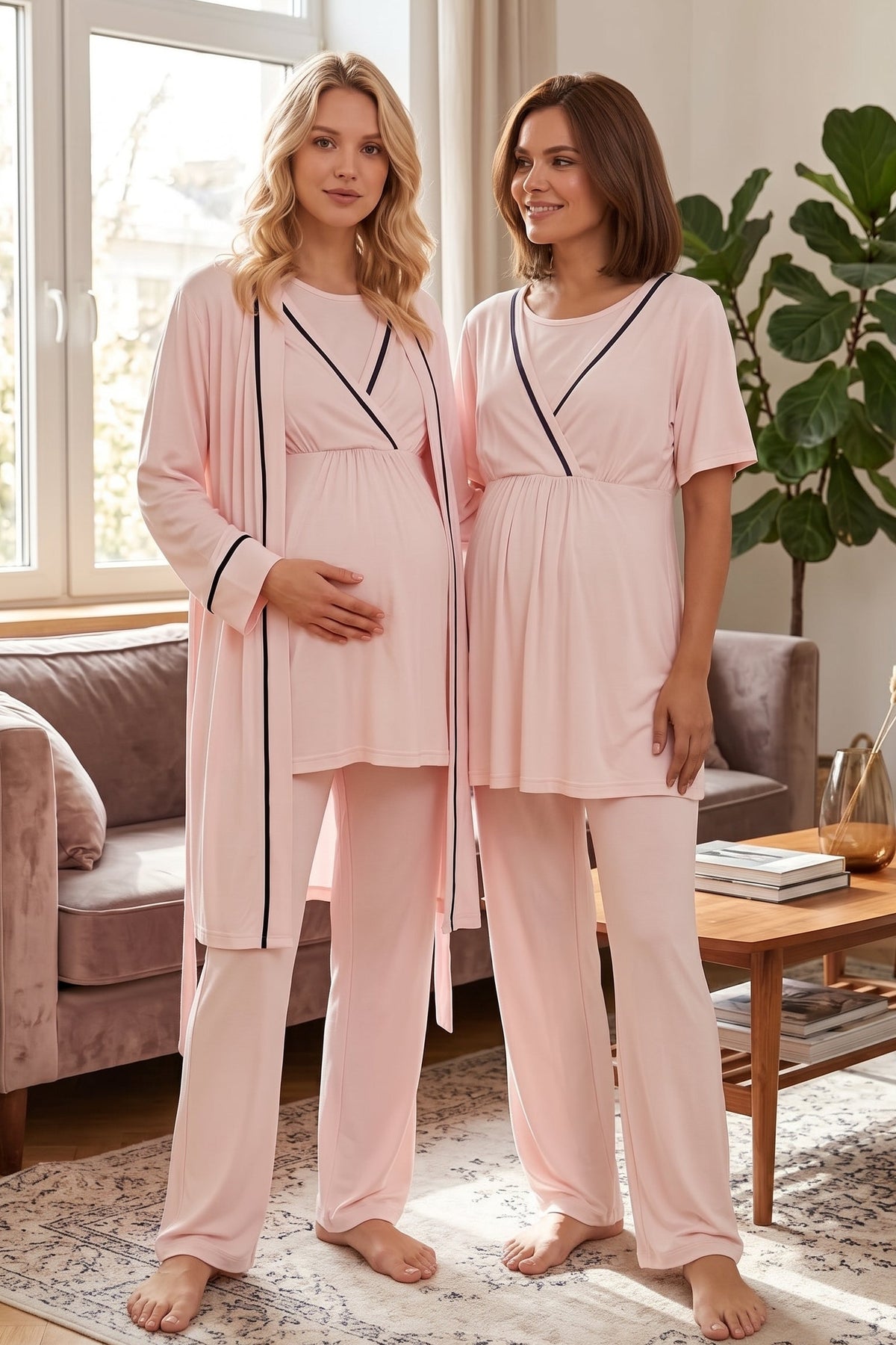 Striped Double Breasted 3-Piece Maternity Feeding-Friendly Pajama & Robe Set Pink - L517
