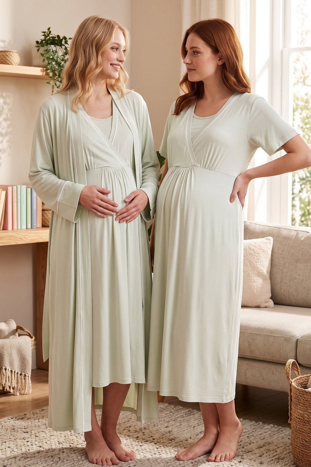 Striped Double Breasted Maternity Feeding-Friendly Nightgown & Robe Set Mint - L528