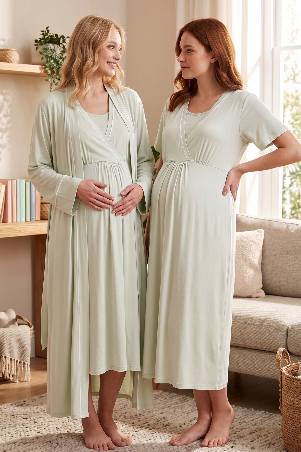 Striped Double Breasted Maternity Feeding-Friendly Nightgown & Robe Set Mint - L528