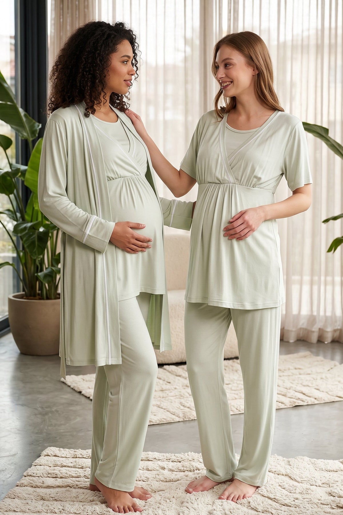 Striped Double Breasted 3-Piece Maternity Feeding-Friendly Pajama & Robe Set Mint - L529