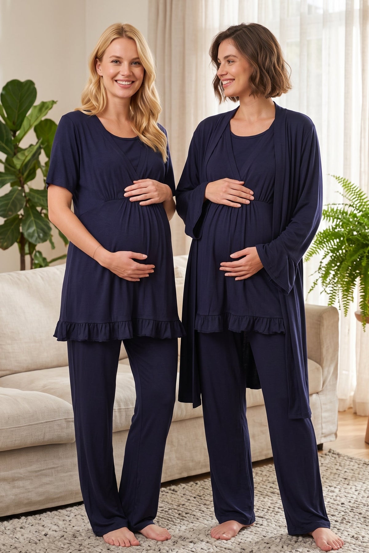 Double Breasted 3-Piece Maternity Feeding-Friendly Pajama & Flywheel Arm Robe Set Navy Blue - L532