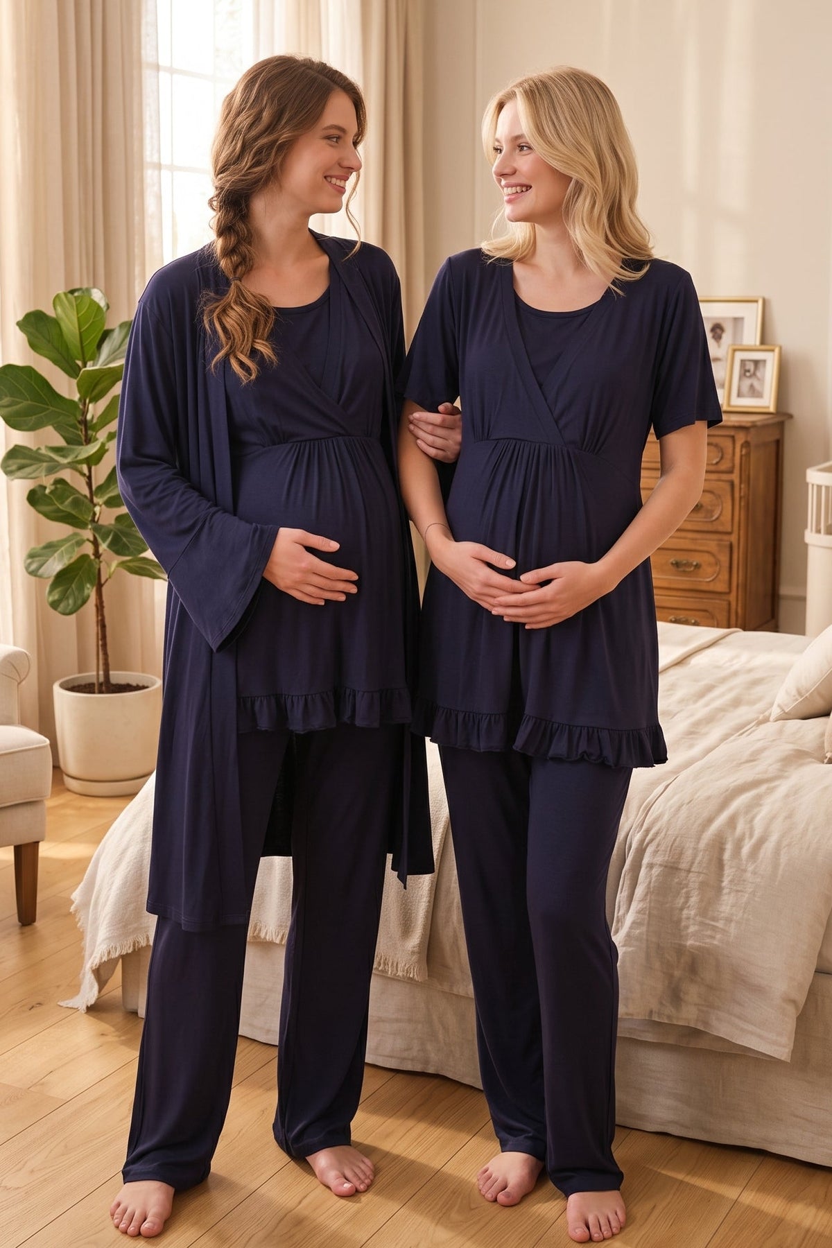 Double Breasted 3-Piece Maternity Feeding-Friendly Pajama & Flywheel Arm Robe Set Navy Blue - L532