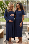 Double Breasted Maternity Feeding-Friendly Nightgown & Robe Set Navy Blue - L533