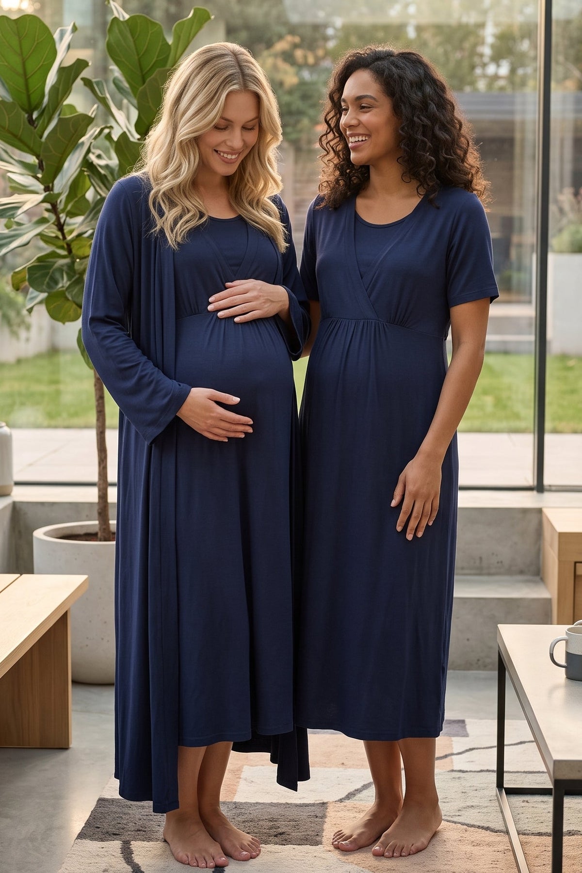 Double Breasted Maternity Feeding-Friendly Nightgown & Robe Set Navy Blue - L533