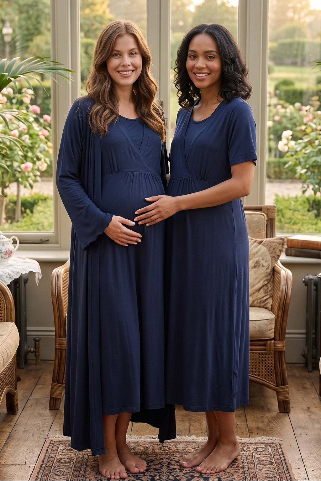 Double Breasted Maternity Feeding-Friendly Nightgown & Robe Set Navy Blue - L533