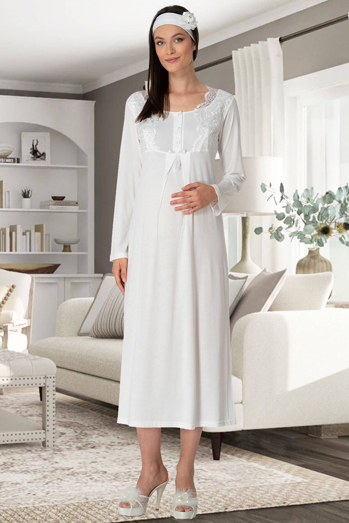 Lace Collar 4-Piece Maternity Feeding-Friendly Set Ecru - C5355