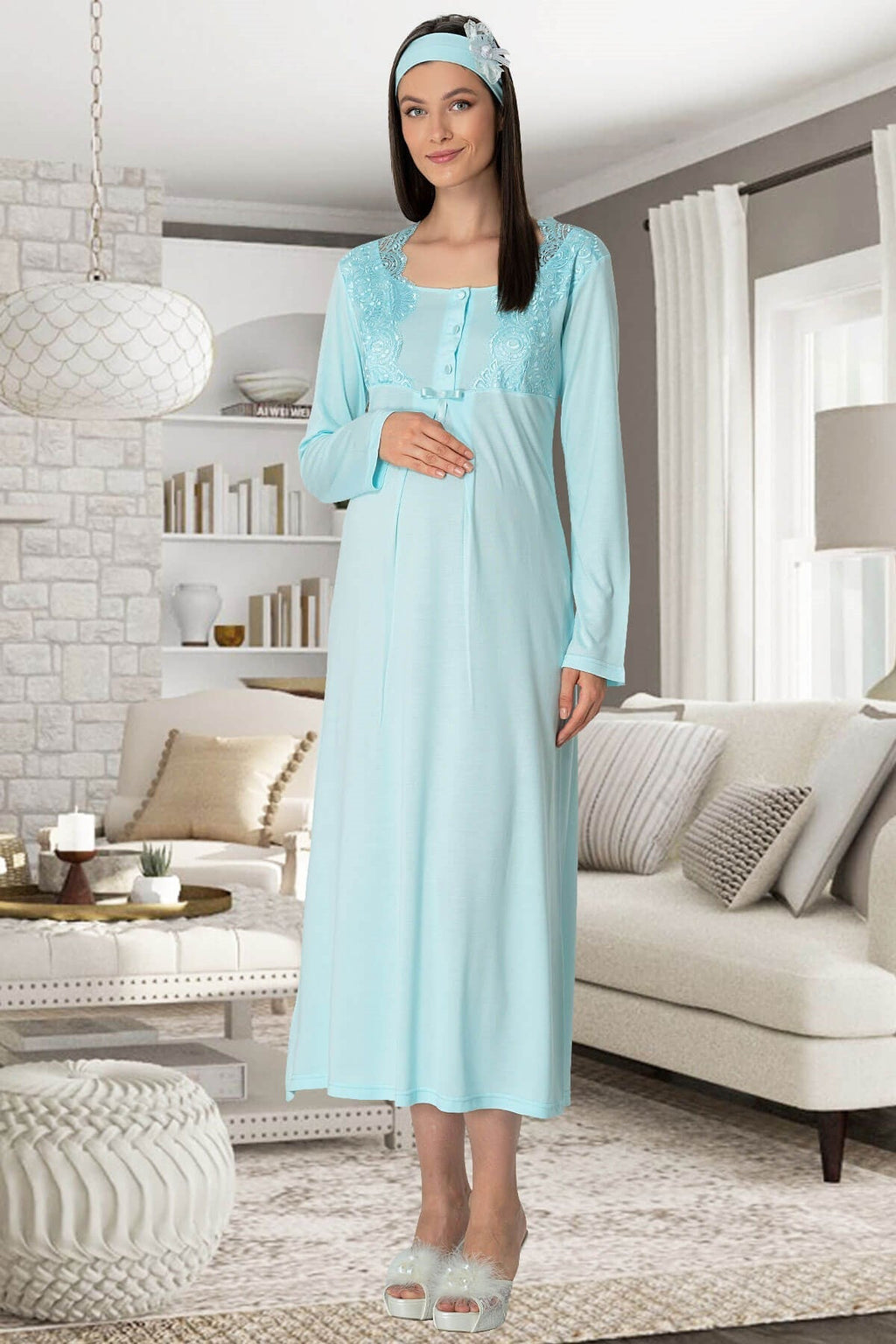 Lace Collar 4-Piece Maternity Feeding-Friendly Set Turquoise - C5355