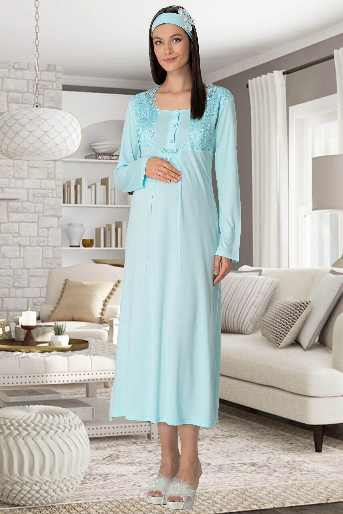Lace Collar 4-Piece Maternity Feeding-Friendly Set Turquoise - C5355