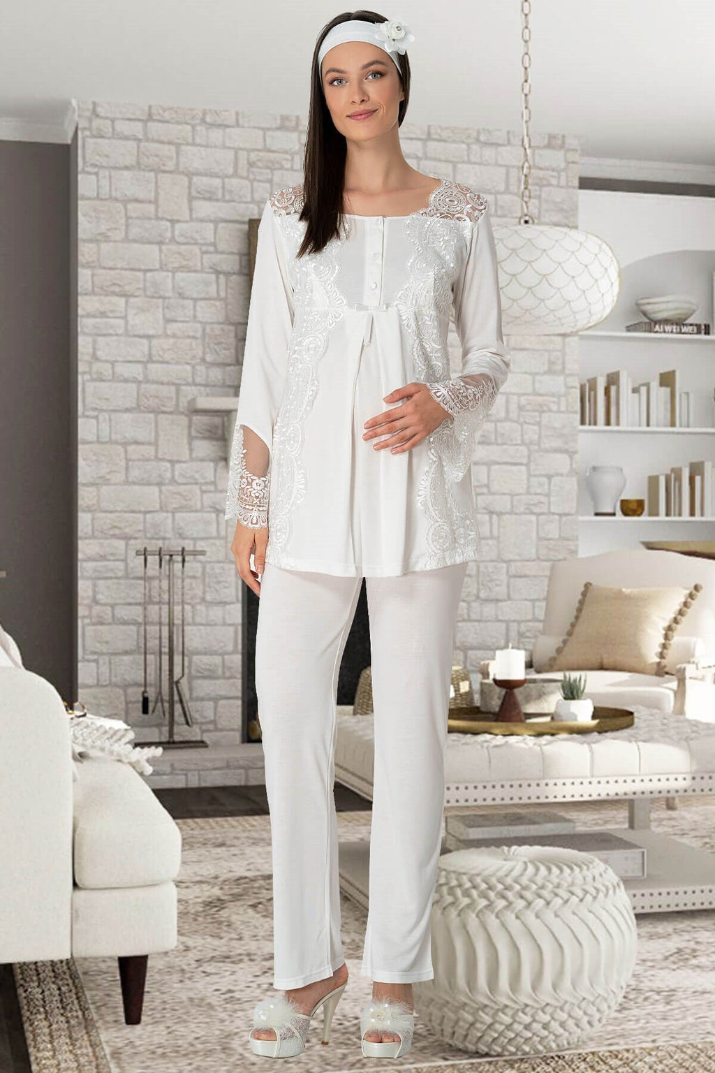 Lace Collar 4-Piece Maternity Feeding-Friendly Set Ecru - C5355