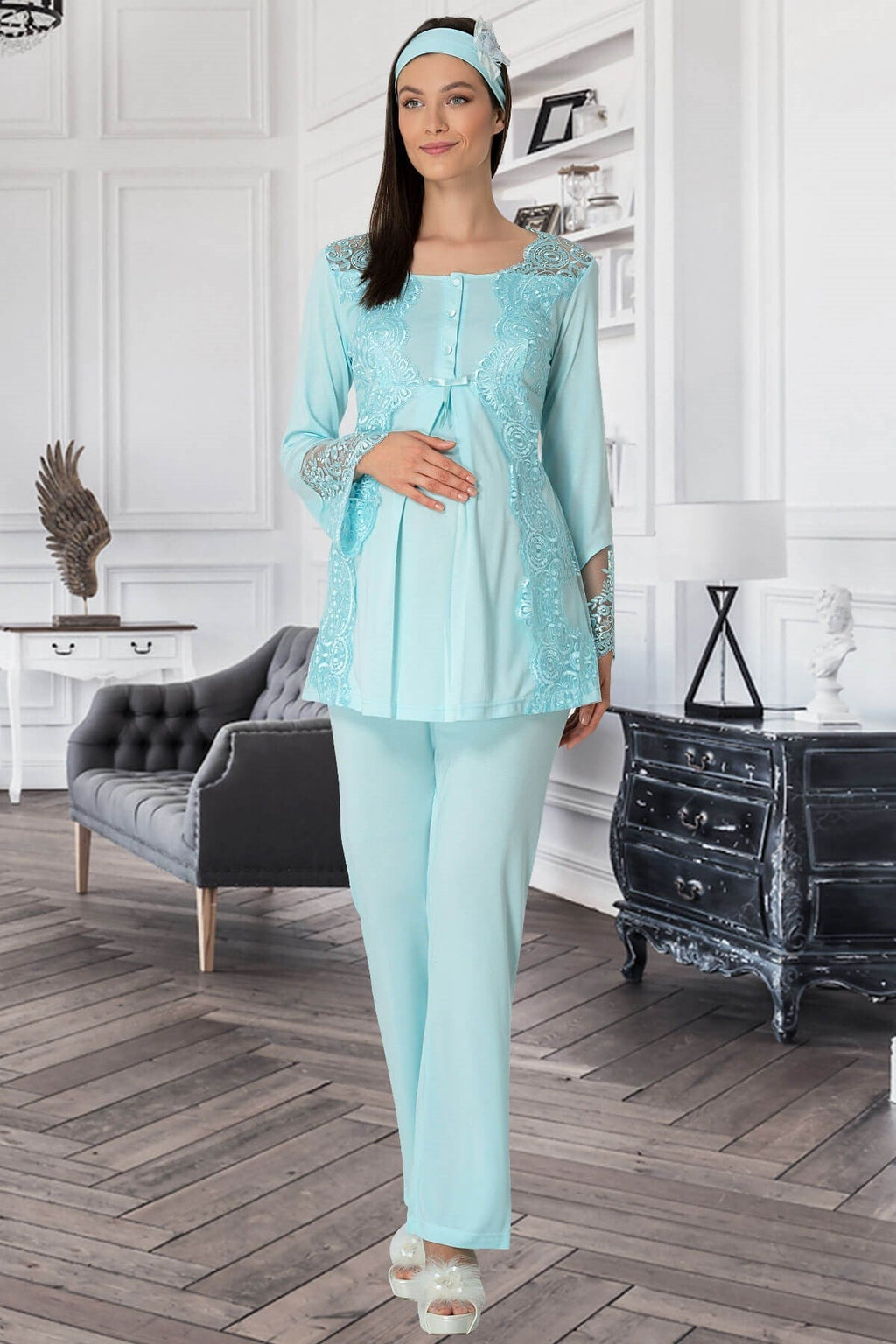 Lace Collar 4-Piece Maternity Feeding-Friendly Set Turquoise - C5355
