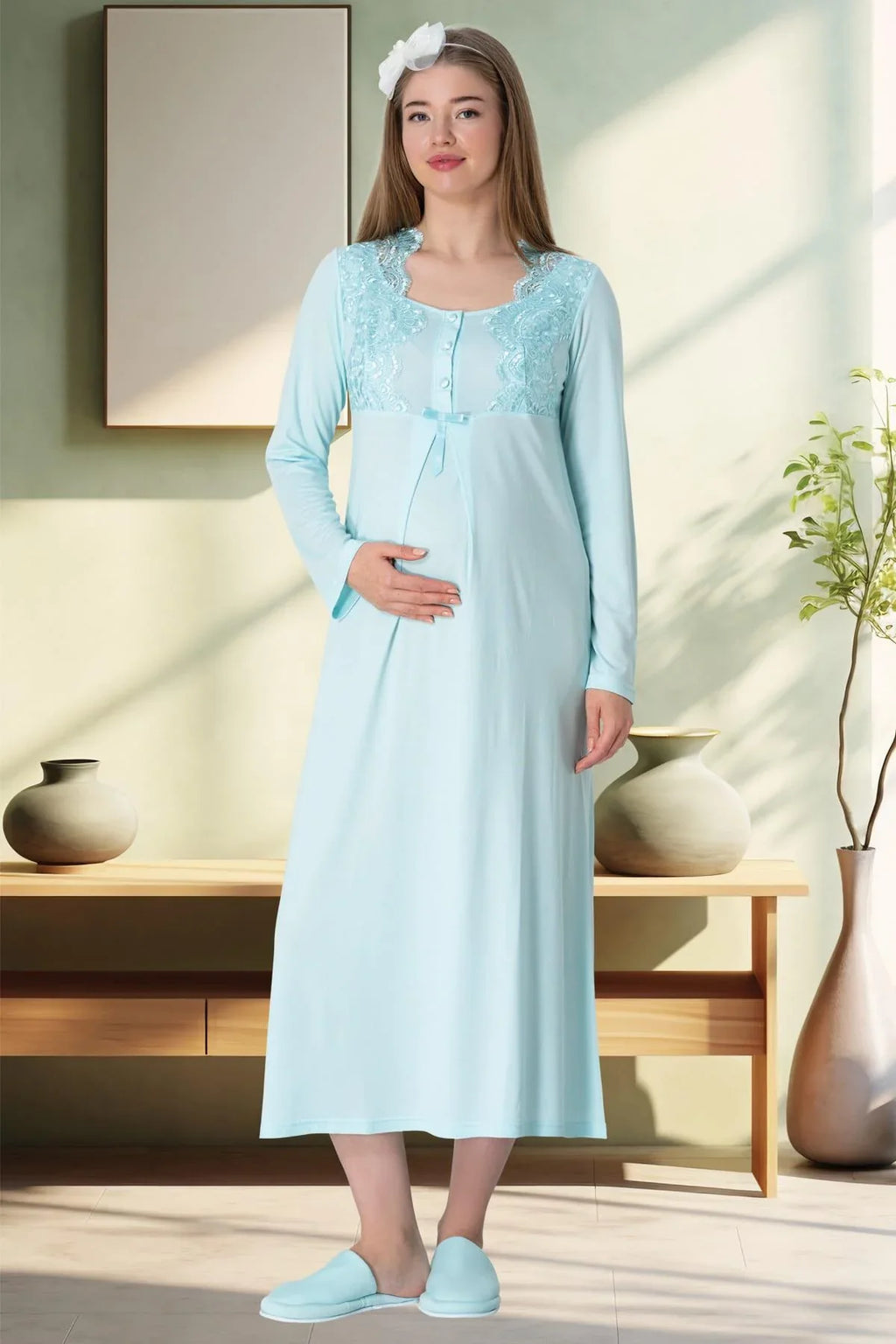 Lace Collar Maternity Feeding-Friendly Nightgown & Robe Set Turquoise - C5354