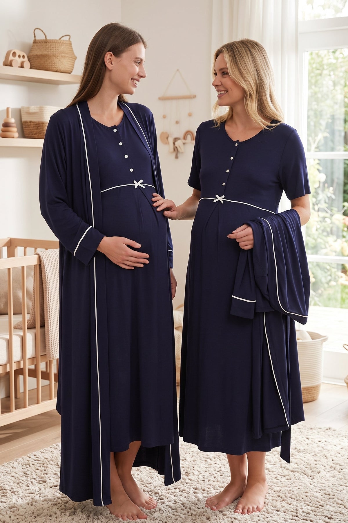 Bias Maternity Feeding-Friendly Nightgown & Robe Set Navy Blue - L535