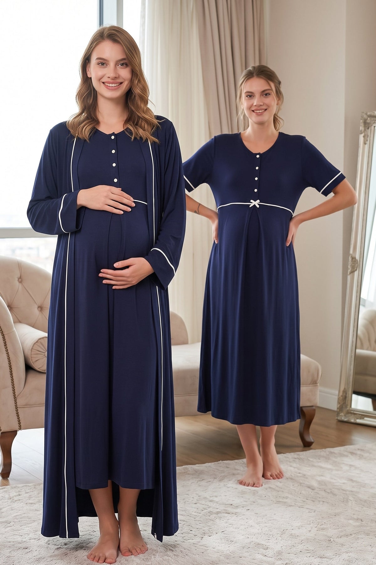 Bias Maternity Feeding-Friendly Nightgown & Robe Set Navy Blue - L535
