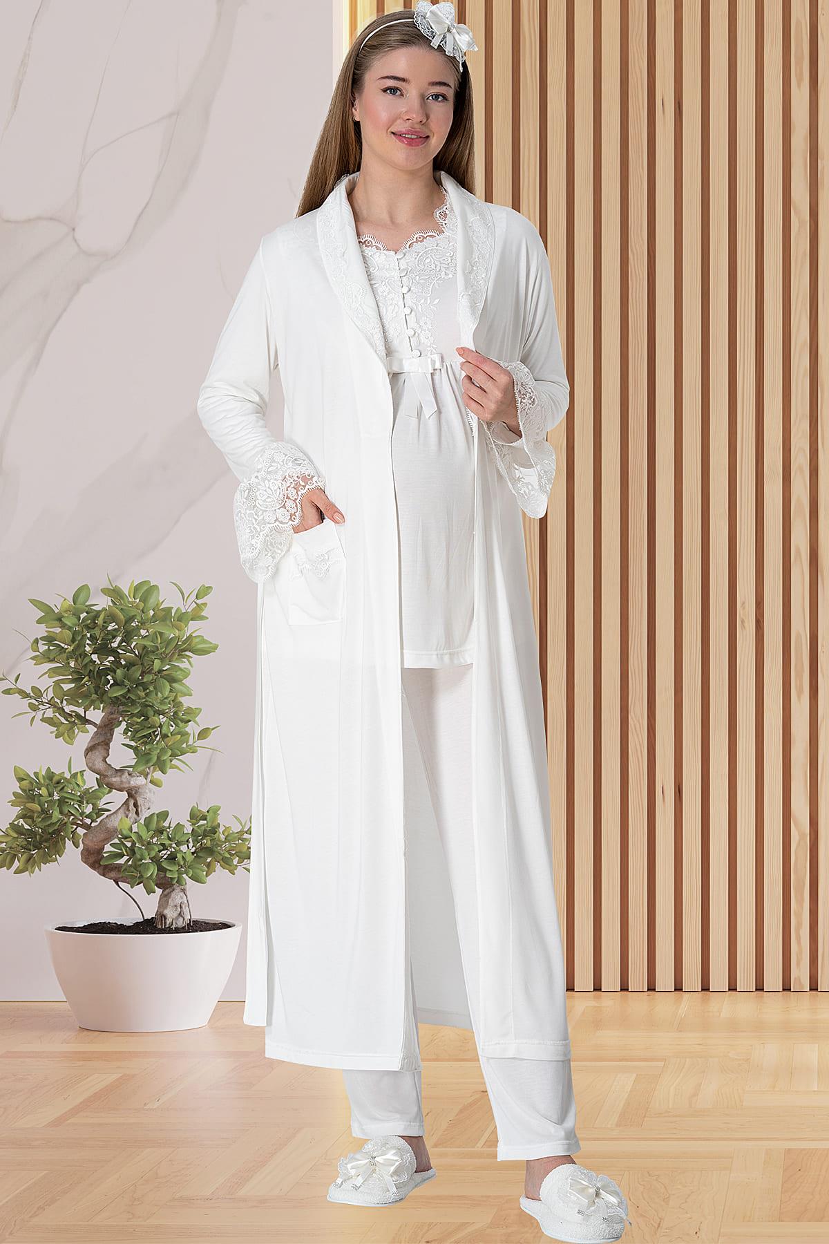 Elegant Lace 3-Piece Maternity Feeding-Friendly Pajama & Robe Set Ecru - C5416