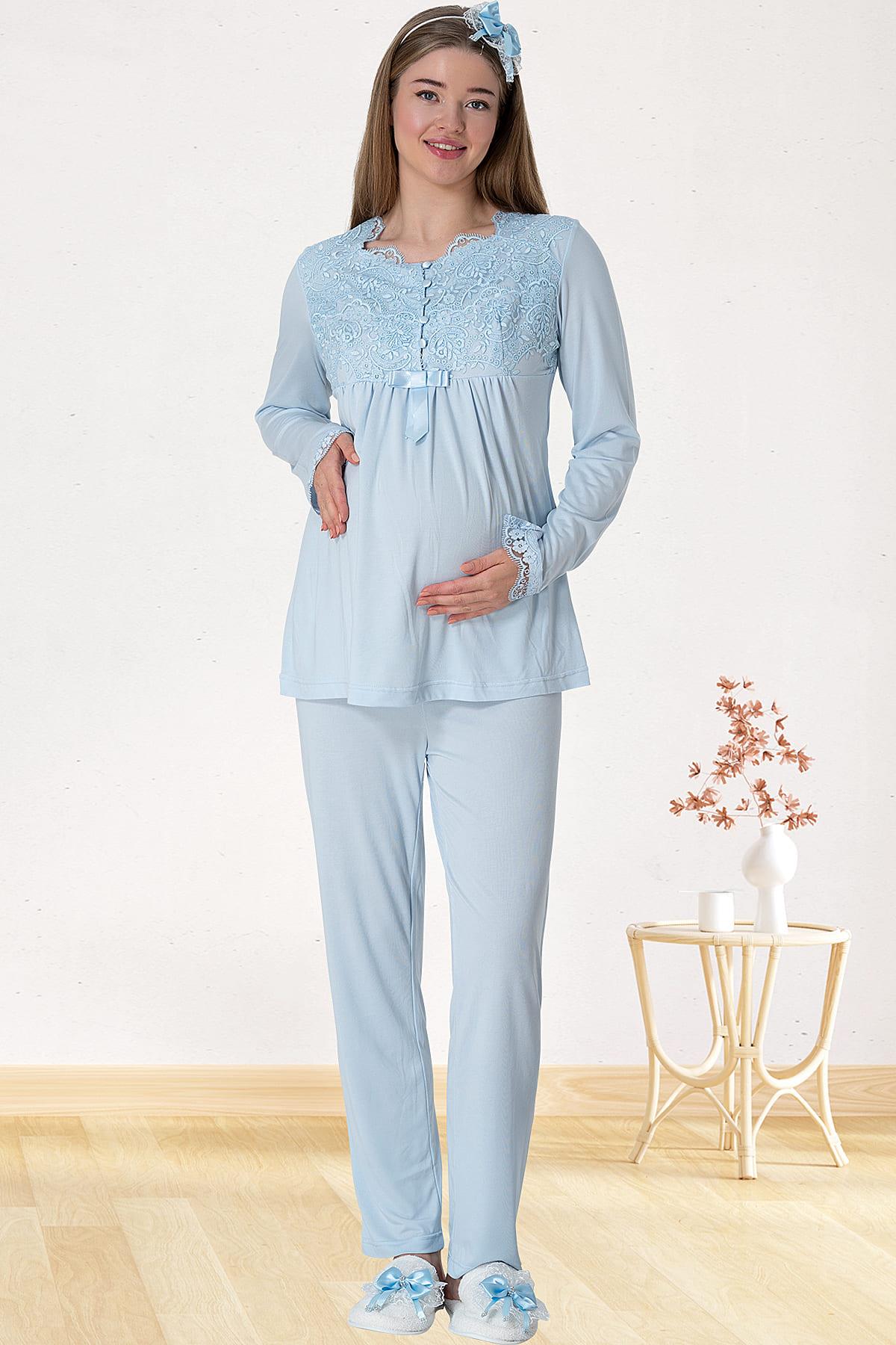 Elegant Lace 3-Piece Maternity Feeding-Friendly Pajama & Robe Set Blue - C5416