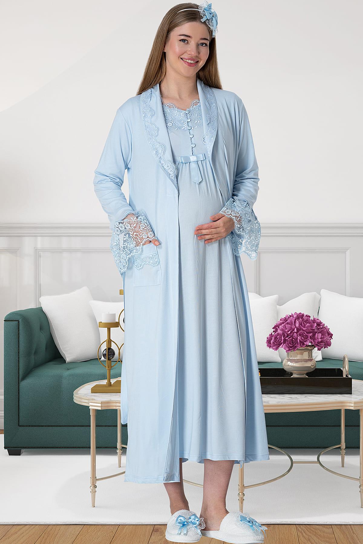 Elegant Lace 4-Piece Maternity Feeding-Friendly Set Blue - C1924