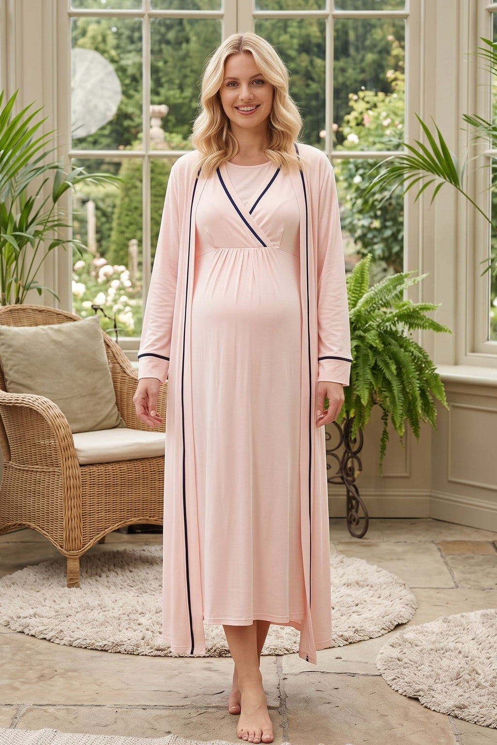 Striped Wrap Maternity Feeding-Friendly Nightgown & Robe Set Pink - L543