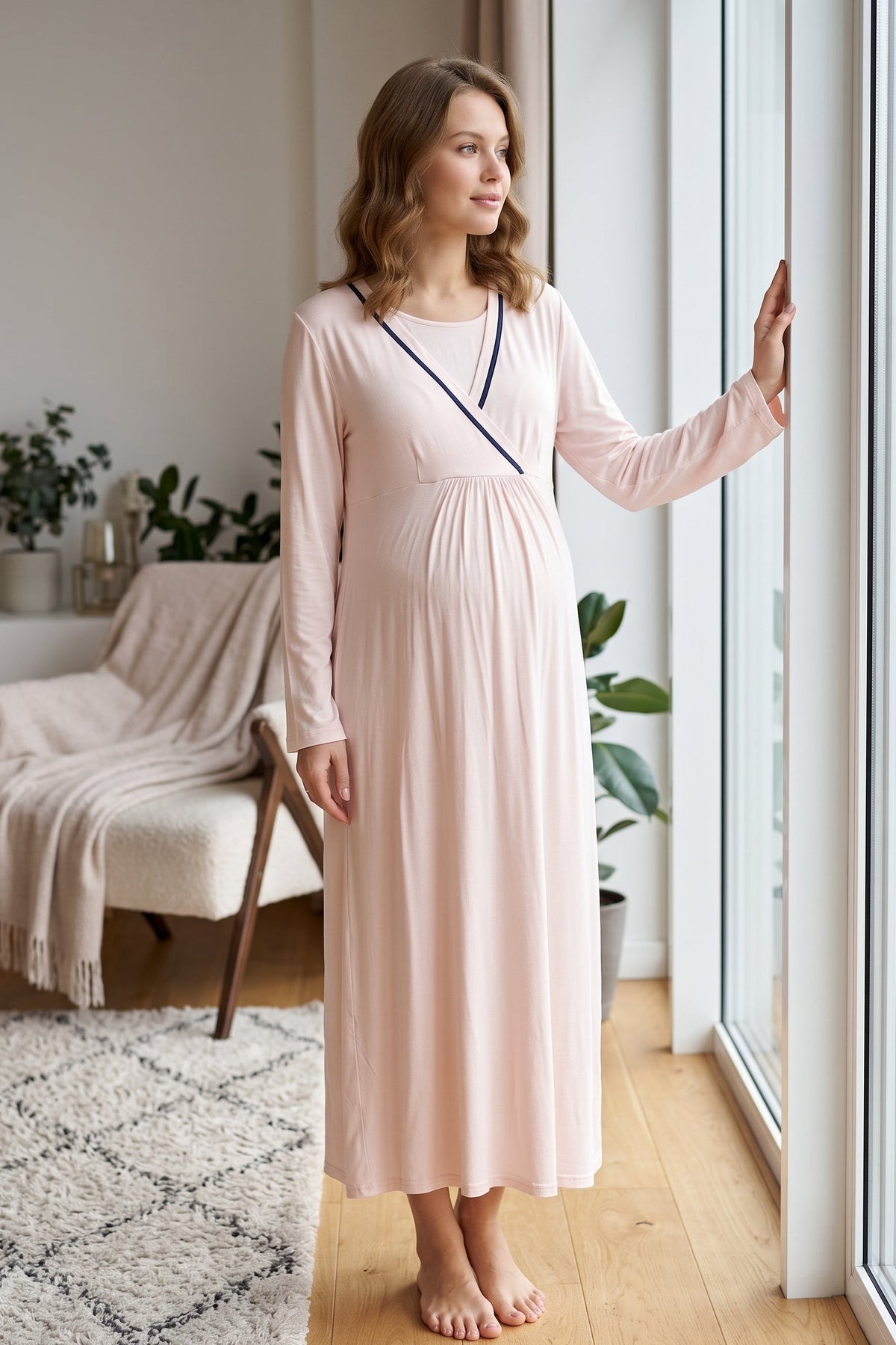 Striped Wrap Maternity Feeding-Friendly Nightgown & Robe Set Pink - L543