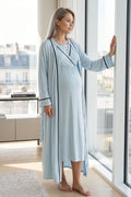 Striped Wrap Maternity Feeding-Friendly Nightgown & Robe Set Blue - L544