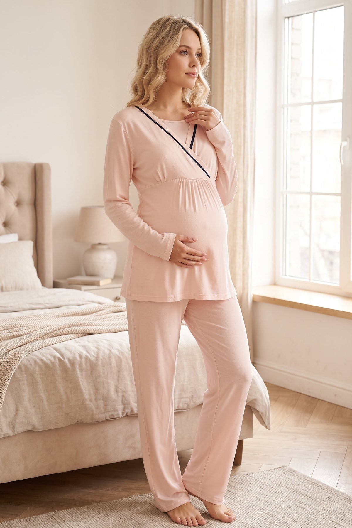 Striped Wrap 3-Piece Maternity Feeding-Friendly Pajama & Robe Set Pink - L546