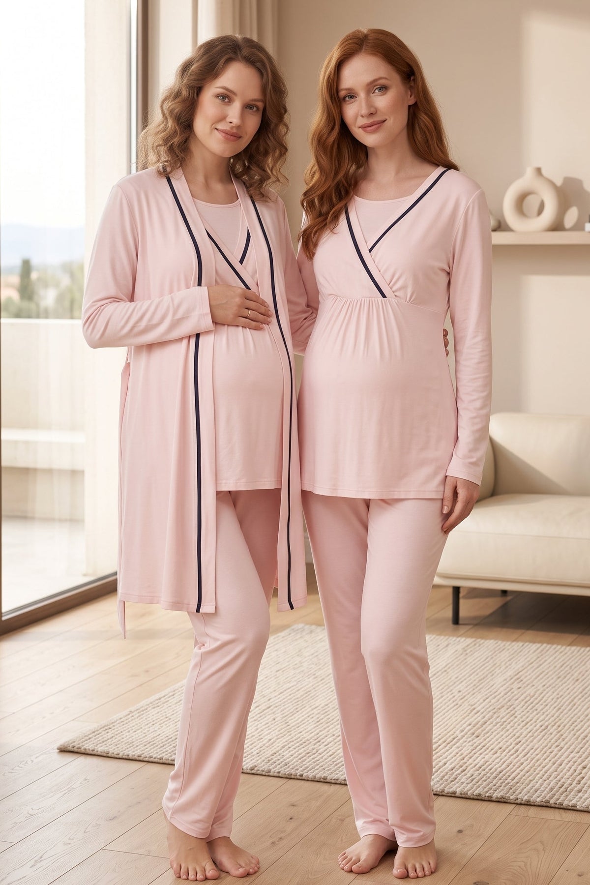Striped Wrap 3-Piece Maternity Feeding-Friendly Pajama & Robe Set Pink - L546