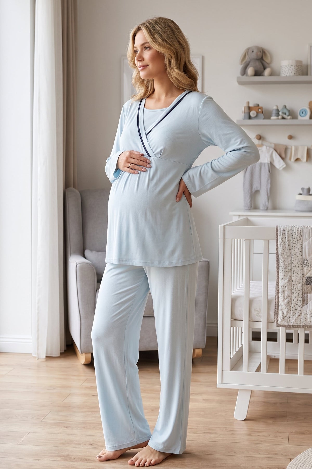 Striped Wrap 3-Piece Maternity Feeding-Friendly Pajama & Robe Set Blue - L547