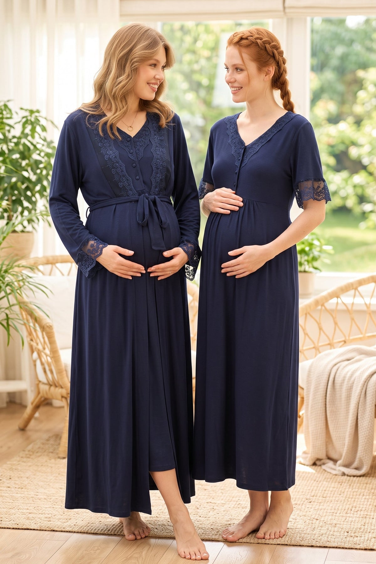 Flower Guipure Detailed Maternity Feeding-Friendly Nightgown & Robe Set Navy Blue - L562