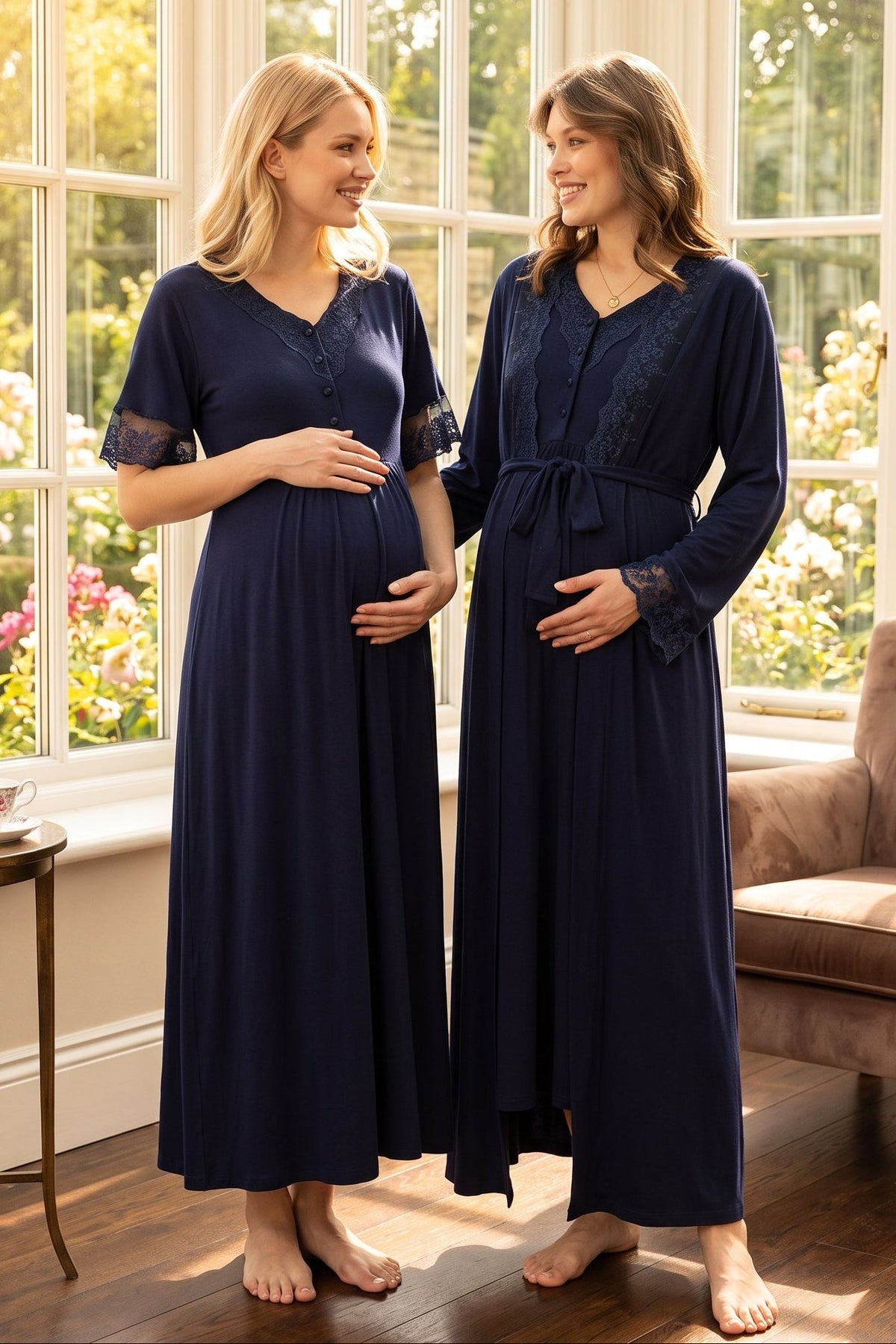 Flower Guipure Detailed Maternity Feeding-Friendly Nightgown & Robe Set Navy Blue - L562