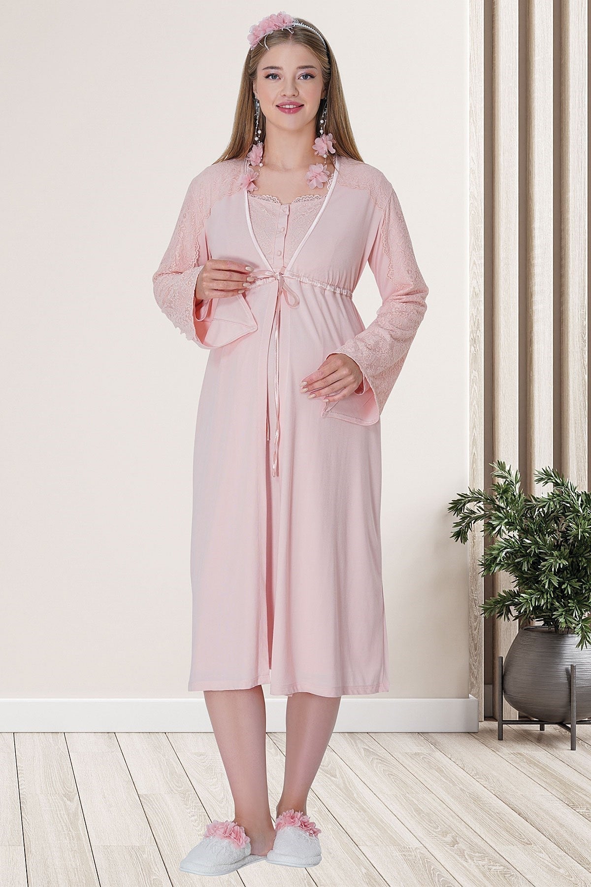 Lace Embroidered Maternity Feeding-Friendly Nightgown & Robe Set Powder - C5715