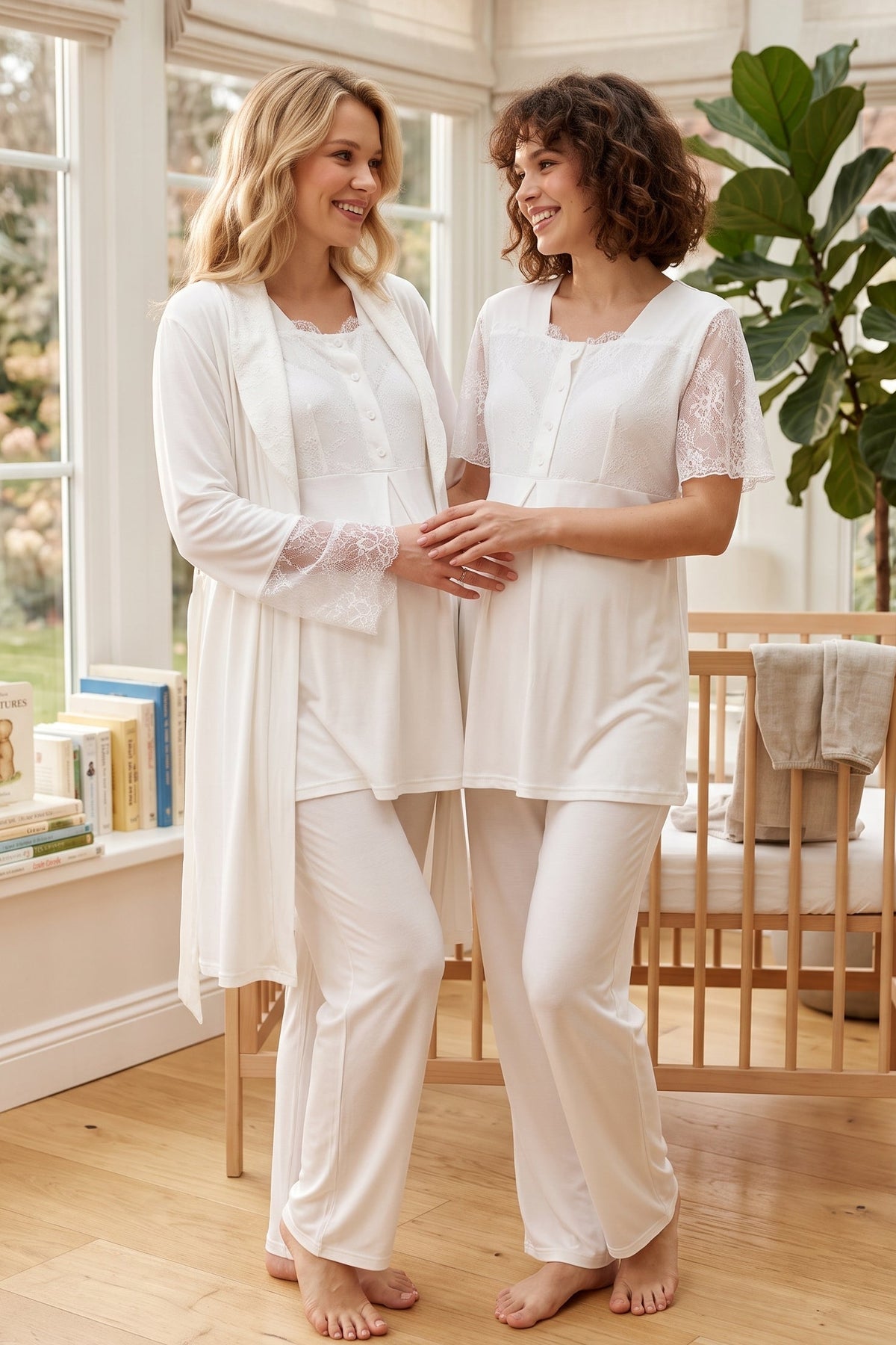 Lace Sleeve 3-Piece Maternity Feeding-Friendly Pajama & Robe Set Ecru - L577