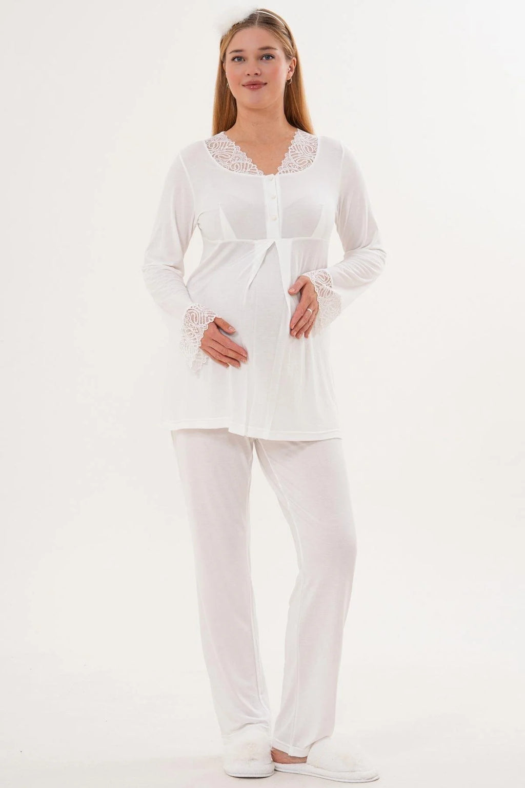 Lace Sleeve and Collar 4-Piece Maternity Feeding-Friendly Set Ecru - C6332