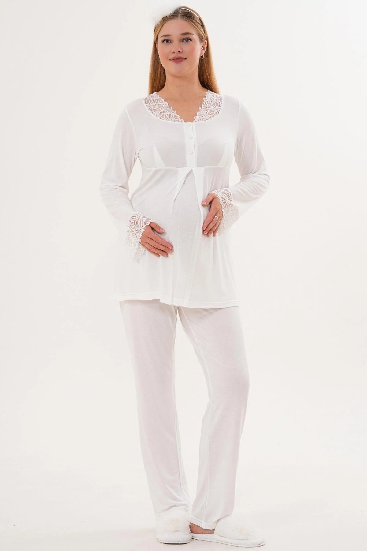 Lace Sleeve and Collar 4-Piece Maternity Feeding-Friendly Set Ecru - C6332