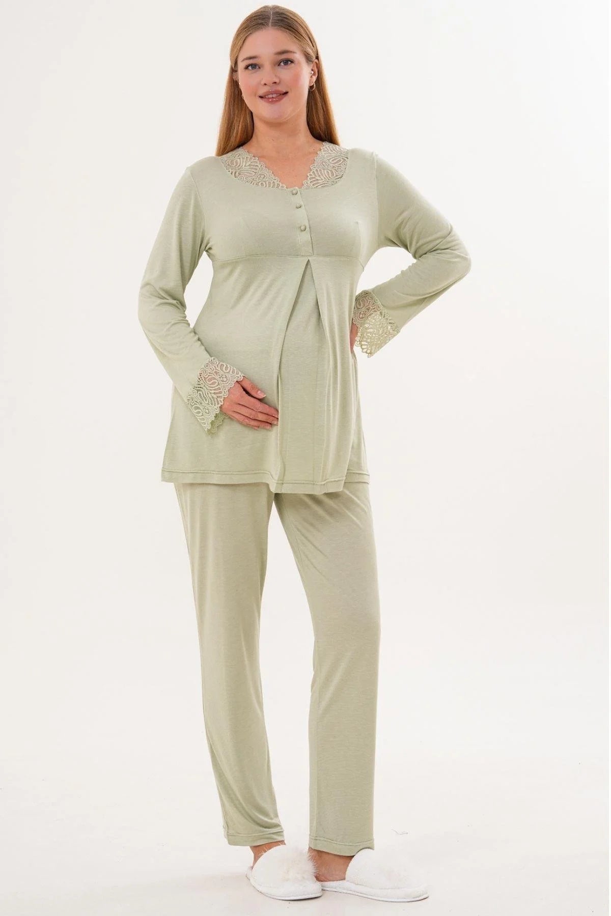 Lace Sleeve and Collar Maternity Feeding-Friendly Pajama Set Green - C5808