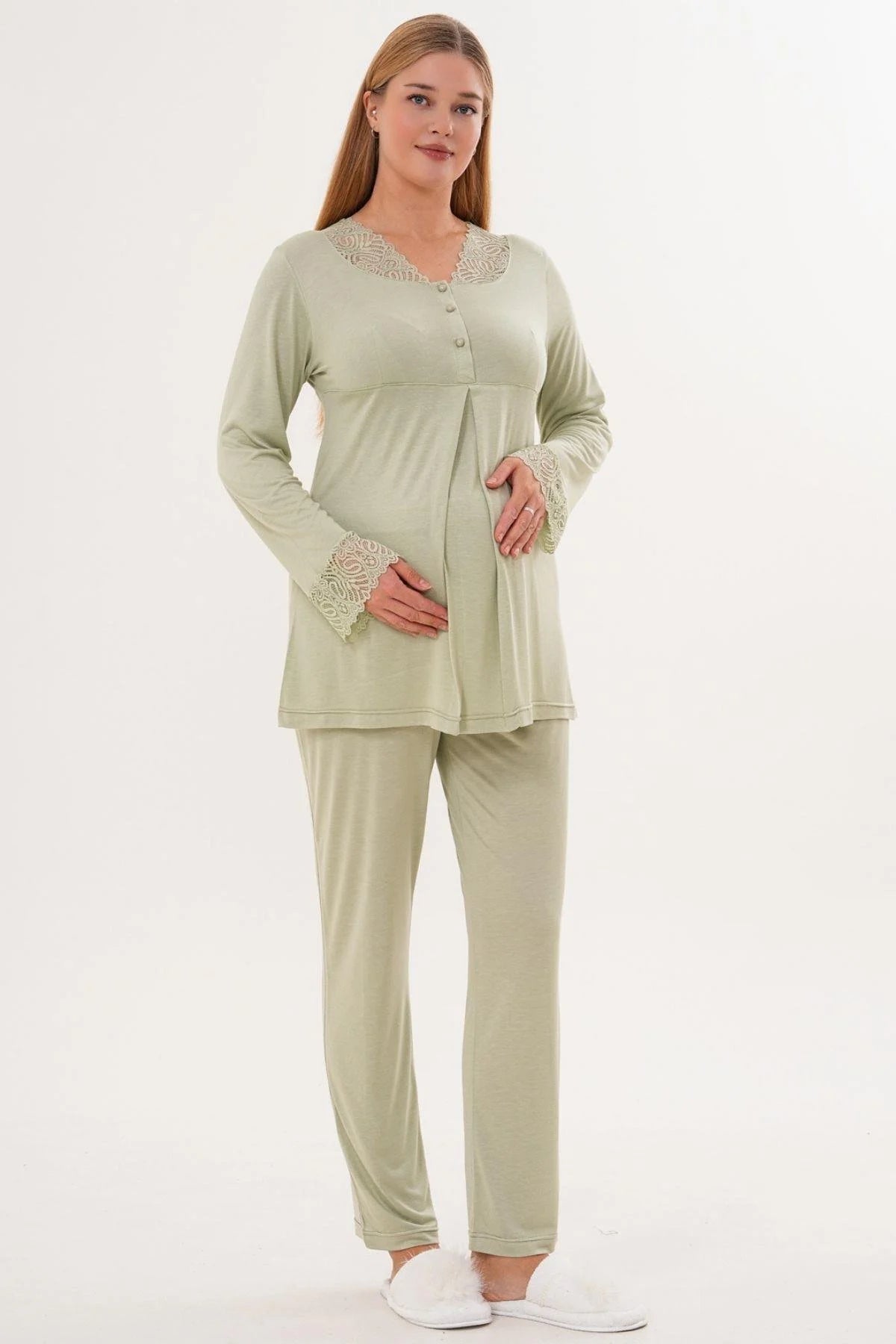 Lace Sleeve and Collar Maternity Feeding-Friendly Pajama Set Green - C5808