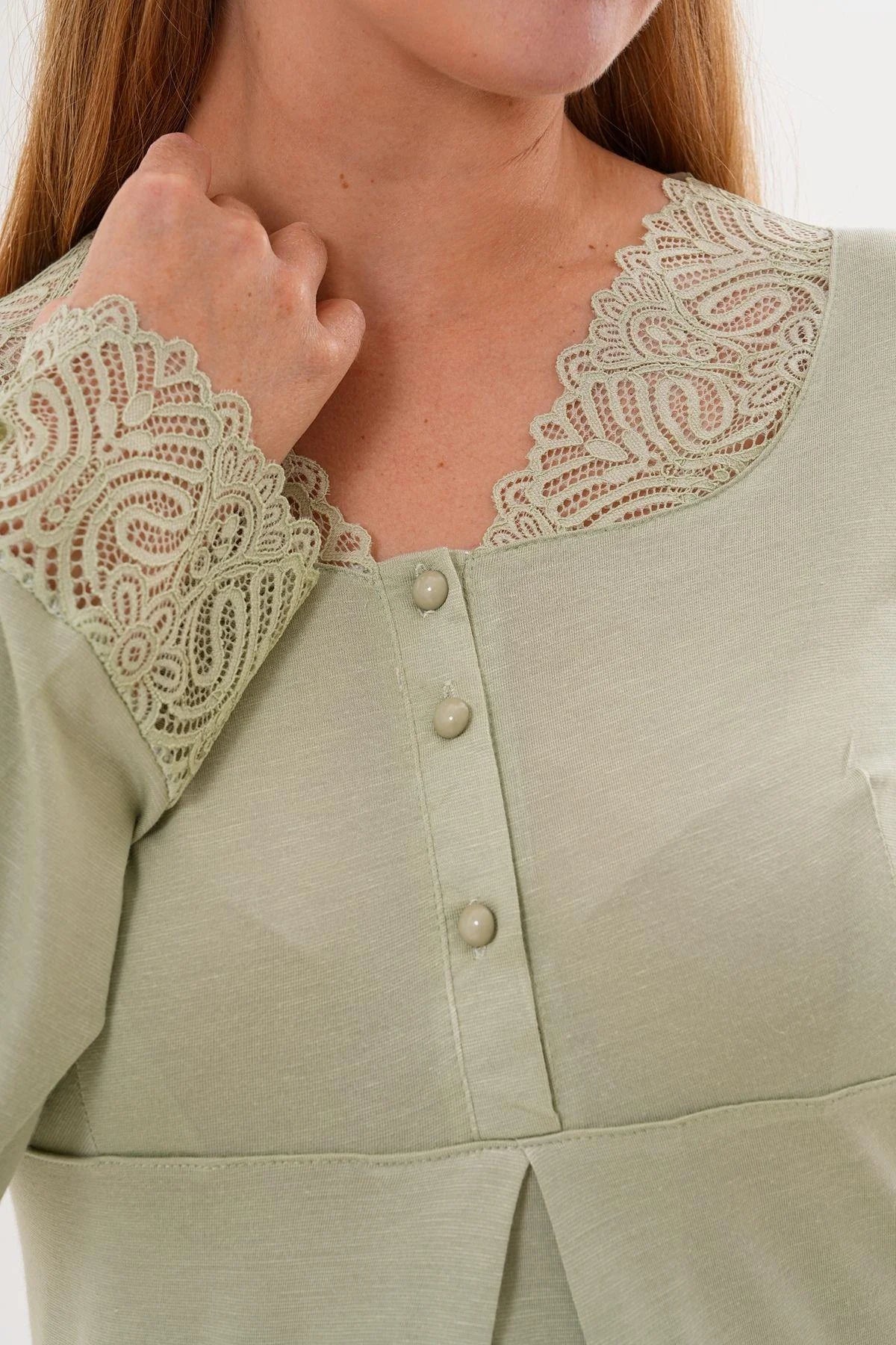 Lace Sleeve and Collar Maternity Feeding-Friendly Pajama Set Green - C5808