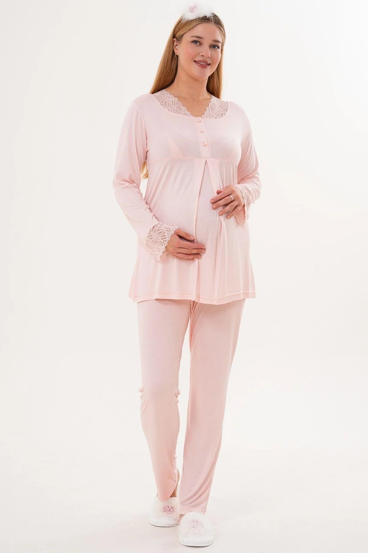 Lace Sleeve and Collar Maternity Feeding-Friendly Pajama Set (with Scarf) Powder - C5808s