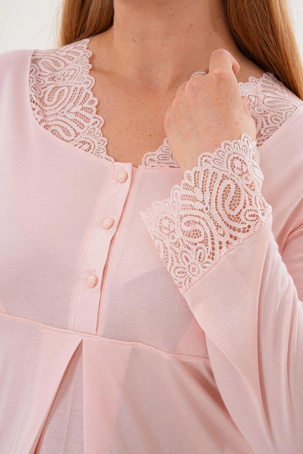 Lace Sleeve and Collar Maternity Feeding-Friendly Pajama Set Powder - C5808